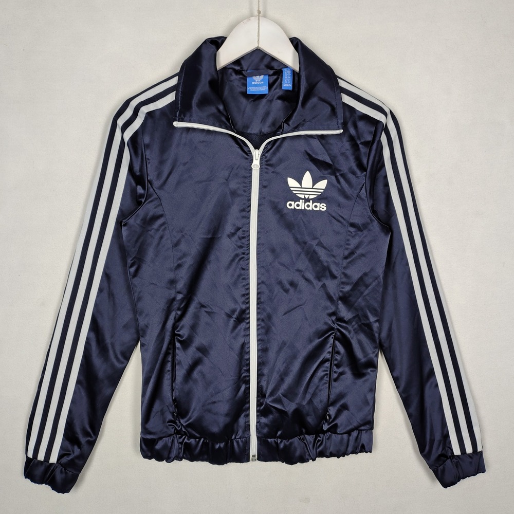 Adidas Originals Women Navy Blue Satin Track Jacket Trefoil 3-Stripe S